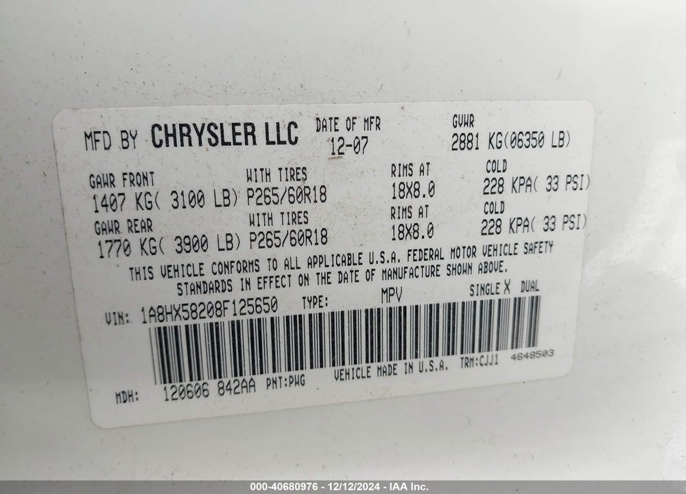 2008 CHRYSLER ASPEN LIMITED VIN: 1A8HX58208F125650