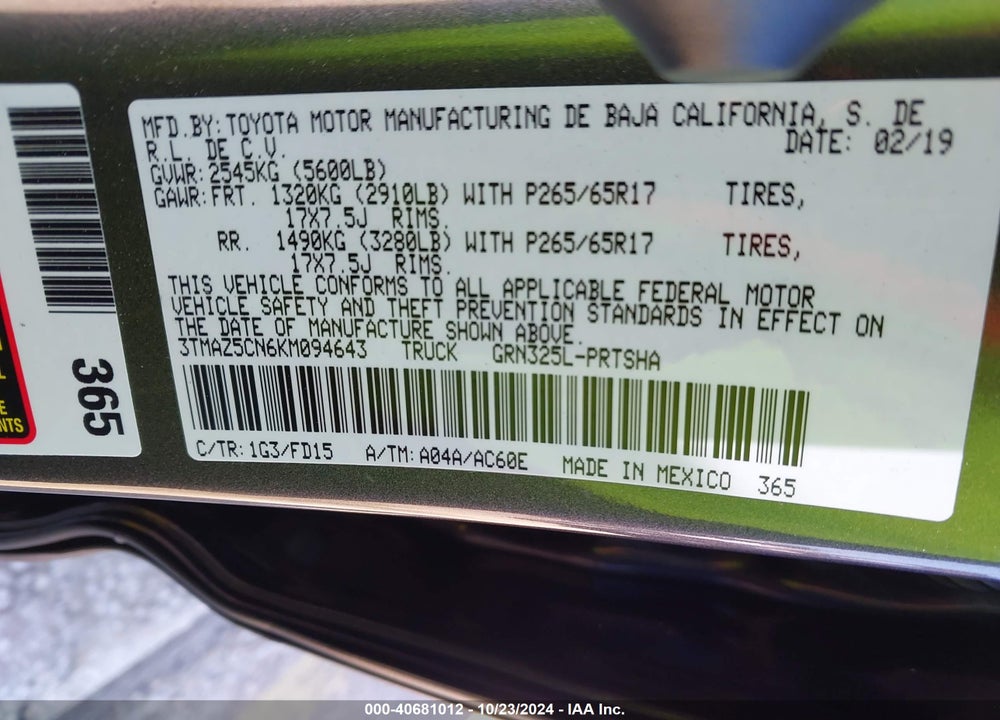 2019 TOYOTA TACOMA TRD SPORT VIN: 3TMAZ5CN6KM094643