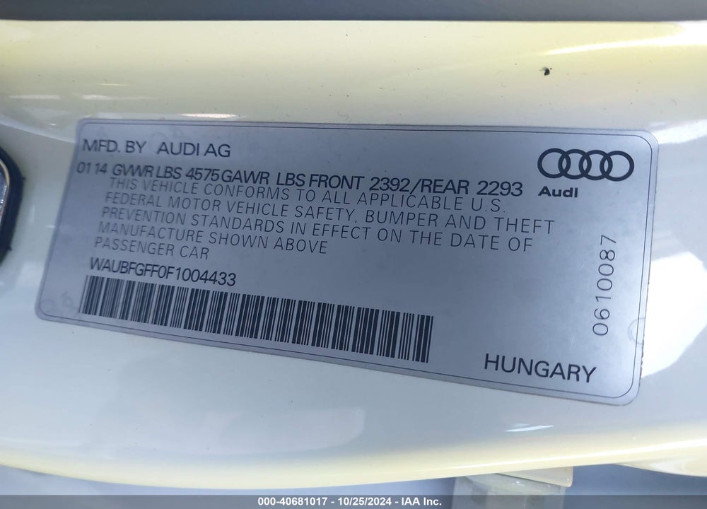 2015 AUDI A3 2.0T PREMIUM VIN: WAUBFGFF0F1004433