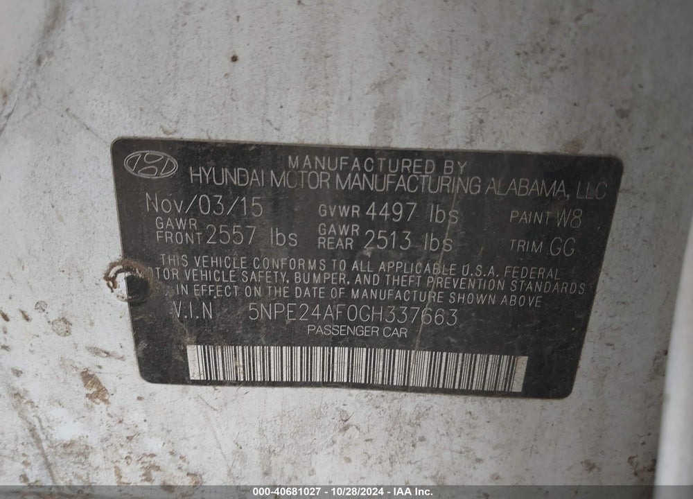 2016 HYUNDAI SONATA SE VIN: 5NPE24AF0GH337663