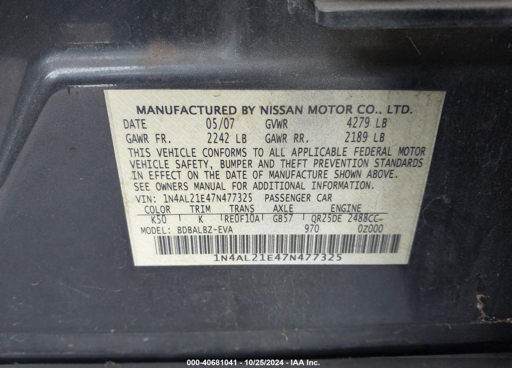 2007 NISSAN ALTIMA 2.5 S VIN: 1N4AL21E47N477325