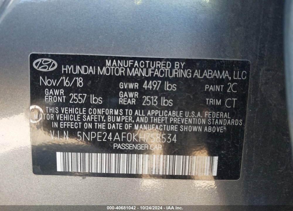 2019 HYUNDAI SONATA SE VIN: 5NPE24AF0KH758534