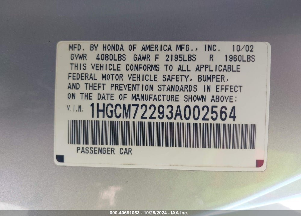 2003 HONDA ACCORD 2.4 LX VIN: 1HGCM72293A002564