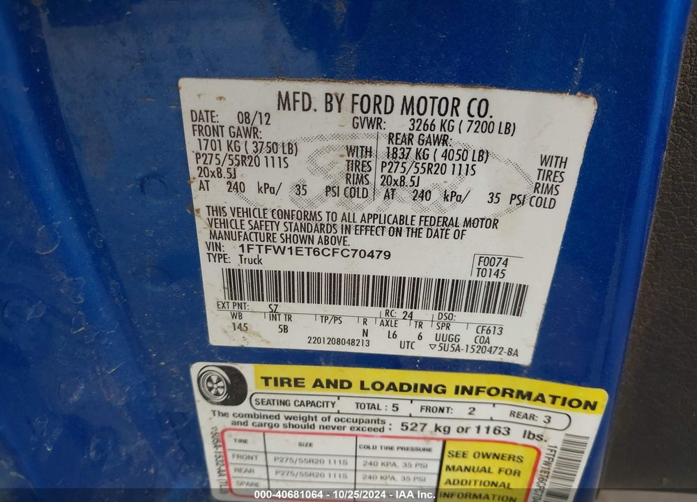 2012 FORD F-150 FX4 VIN: 1FTFW1ET6CFC70479