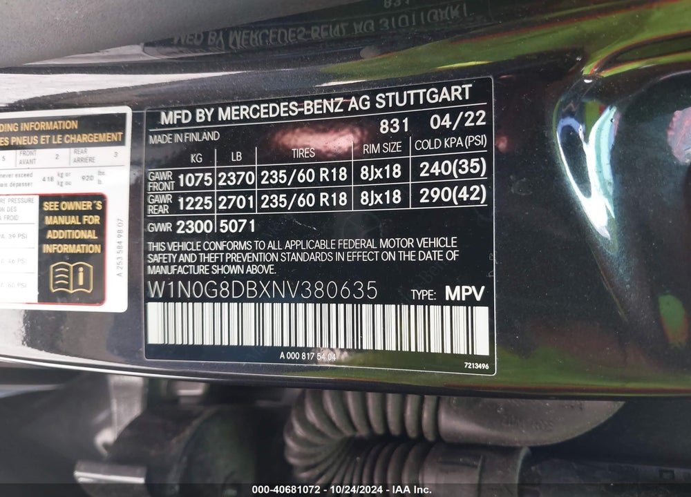 2022 MERCEDES-BENZ GLC 300 SUV VIN: W1N0G8DBXNV380635