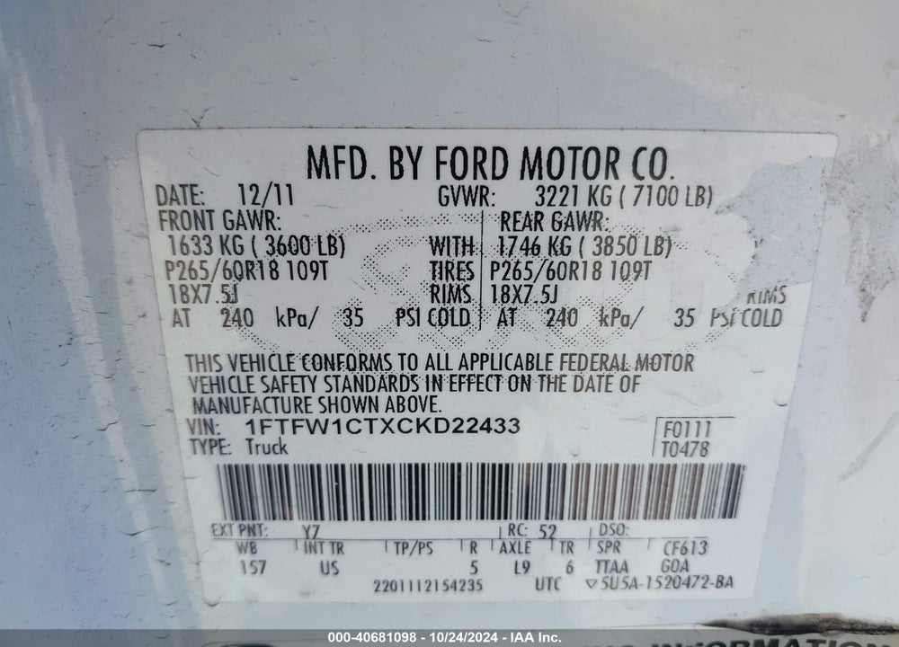 2012 FORD F-150 VIN: 1FTFW1CTXCKD22433
