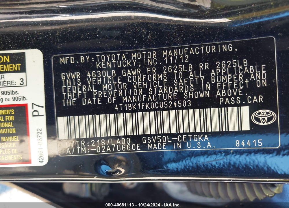 2012 TOYOTA CAMRY XLE V6 VIN: 4T1BK1FK0CU524503