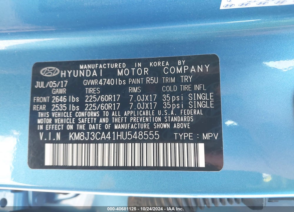 2017 HYUNDAI TUCSON SE PLUS VIN: KM8J3CA41HU548555