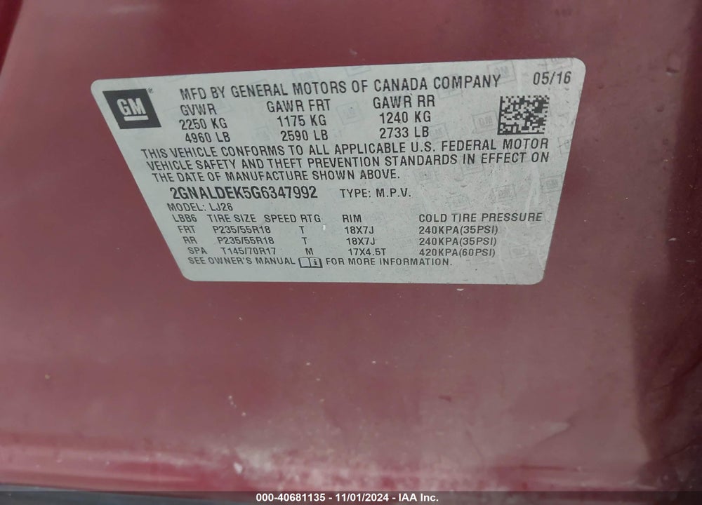2016 CHEVROLET EQUINOX LTZ VIN: 2GNALDEK5G6347992