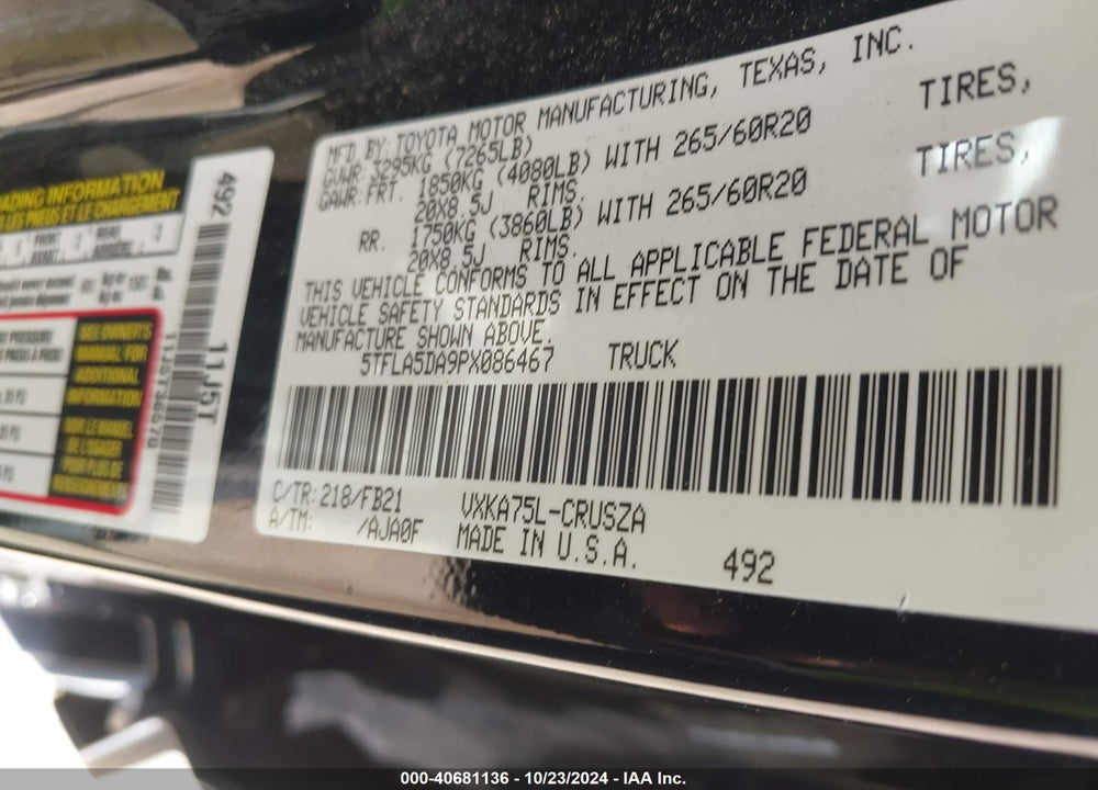 2023 TOYOTA TUNDRA VIN: 5TFLA5DA9PX086467