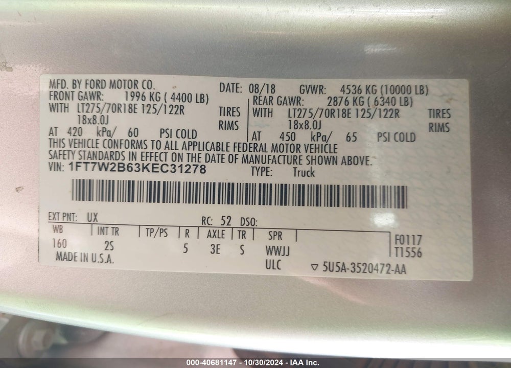 2019 FORD F-250 XLT VIN: 1FT7W2B63KEC31278
