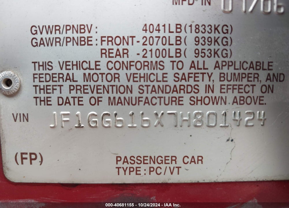 2007 SUBARU IMPREZA 2.5I VIN: JF1GG616X7H801424