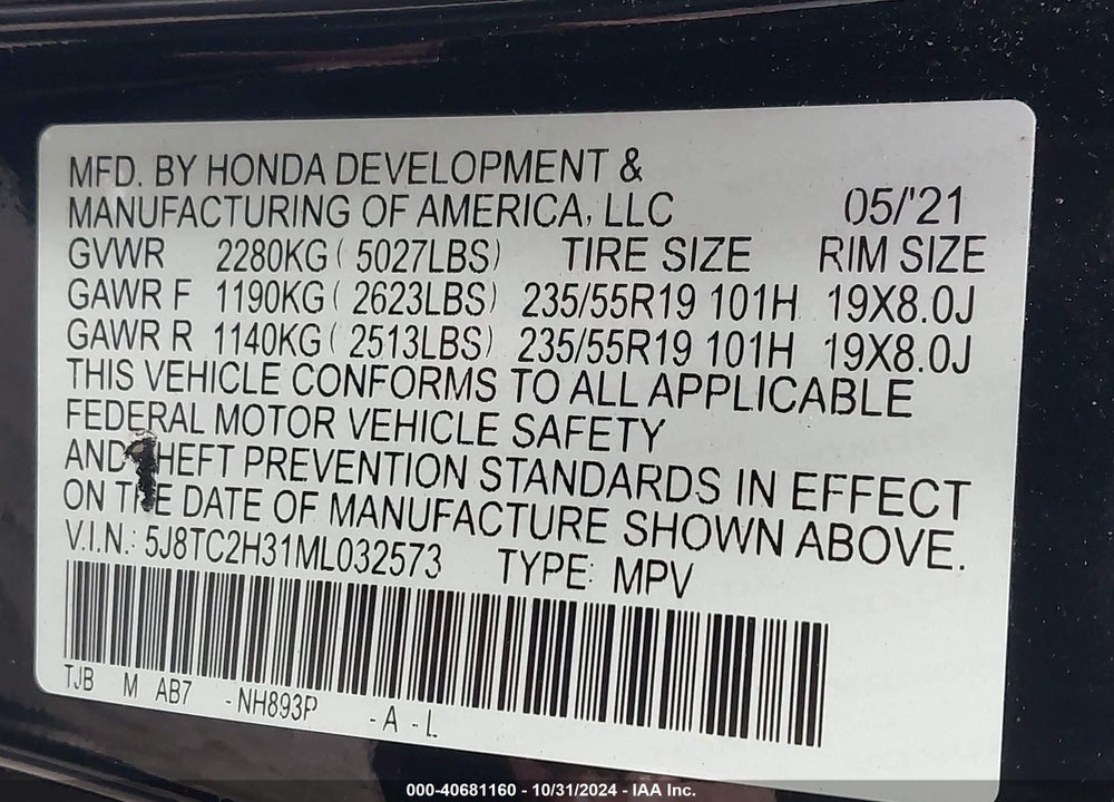 2021 ACURA RDX STANDARD VIN: 5J8TC2H31ML032573