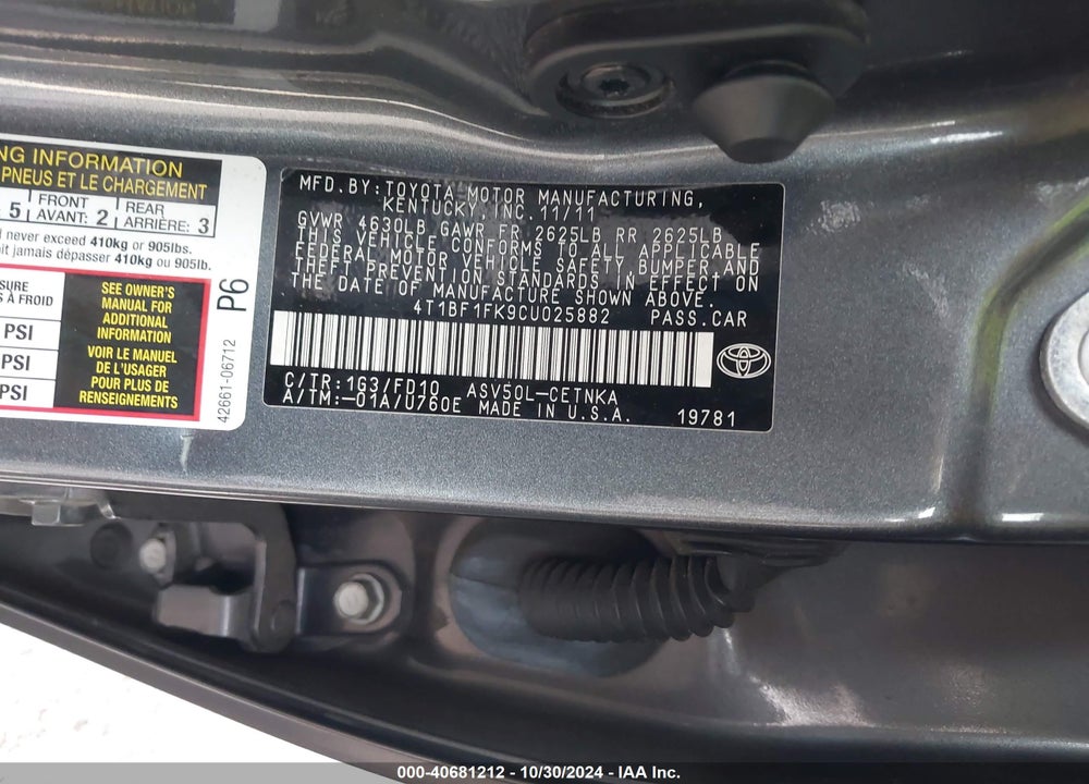2012 TOYOTA CAMRY LE VIN: 4T1BF1FK9CU025882