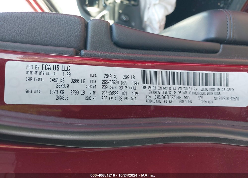 2020 JEEP GRAND CHEROKEE ALTITUDE 4X4 VIN: 1C4RJFAG0LC275003