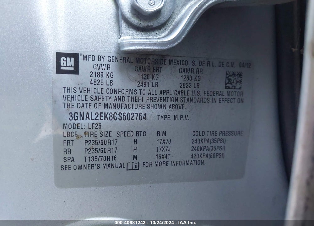 2012 CHEVROLET CAPTIVA SPORT VIN: 3GNAL2EK8CS602764