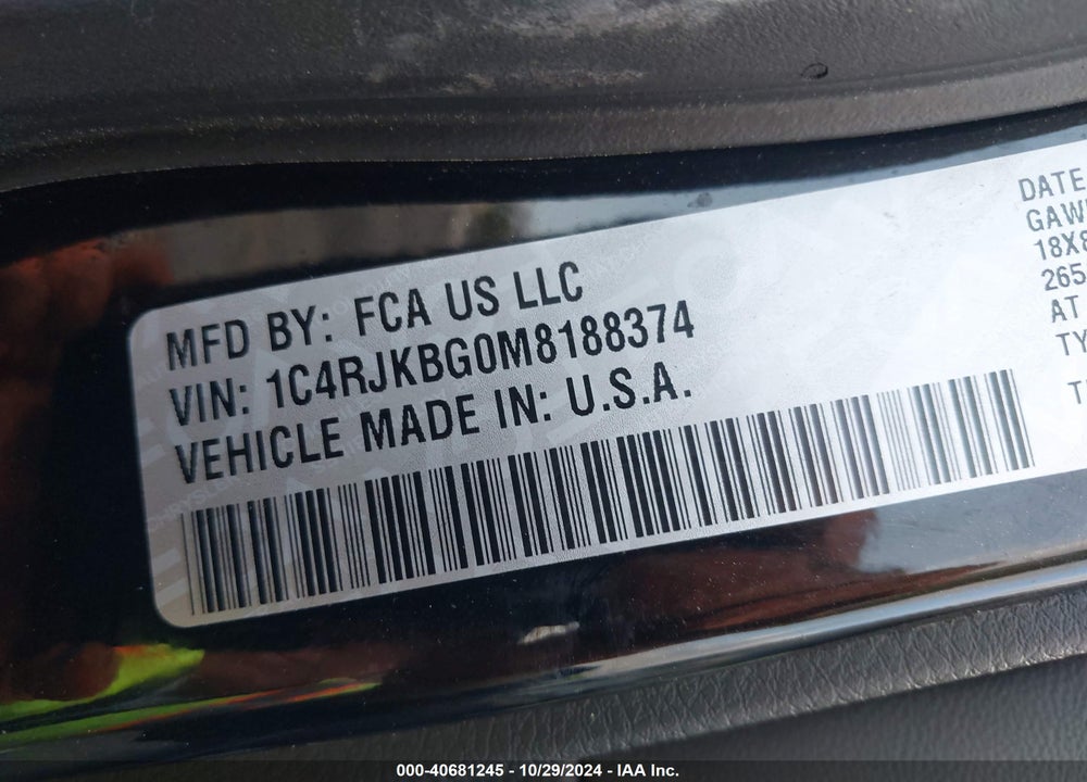 2021 JEEP GRAND CHEROKEE L LIMITED 4X4 VIN: 1C4RJKBG0M8188374