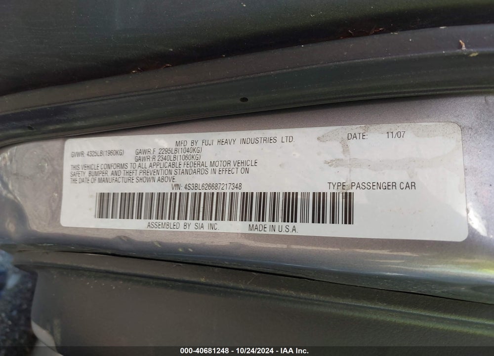 2008 SUBARU LEGACY 2.5I LIMITED VIN: 4S3BL626687217348