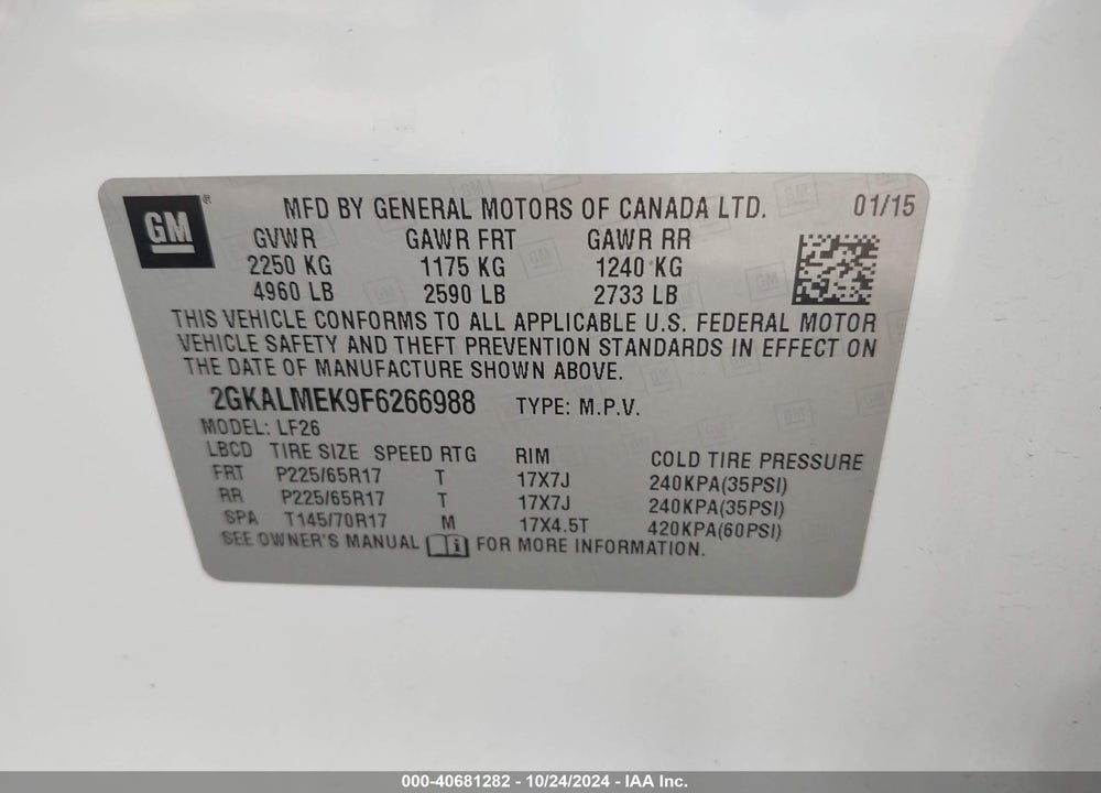 2015 GMC TERRAIN SLE-1 VIN: 2GKALMEK9F6266988