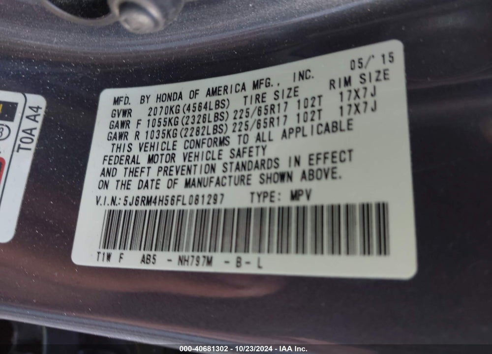 2015 HONDA CR-V EX VIN: 5J6RM4H56FL081297