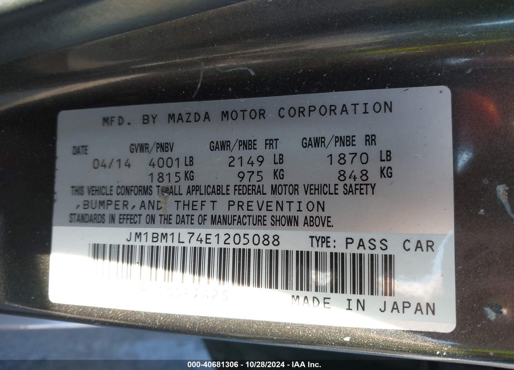 2014 MAZDA 3 I TOURING VIN: JM1BM1L74E1205088