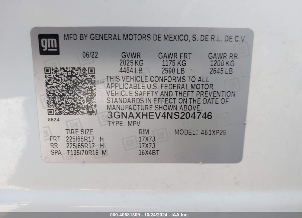 2022 CHEVROLET EQUINOX FWD LS VIN: 3GNAXHEV4NS204746