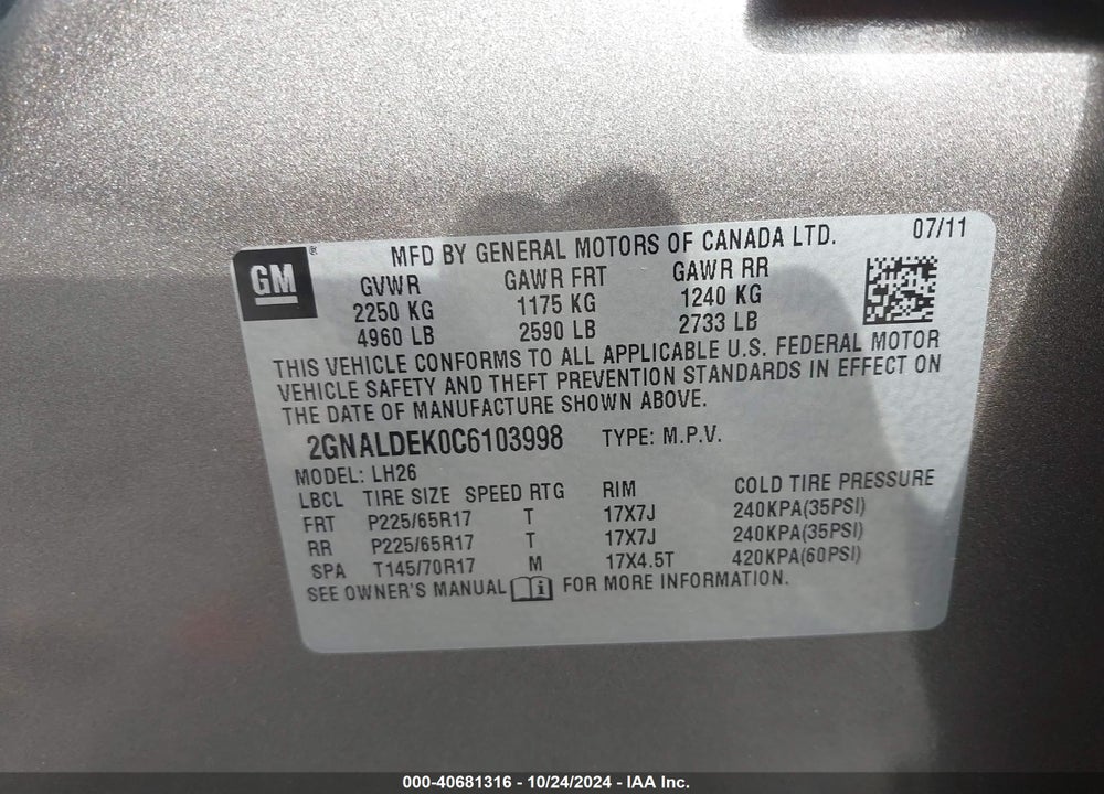2012 CHEVROLET EQUINOX 1LT VIN: 2GNALDEK0C6103998