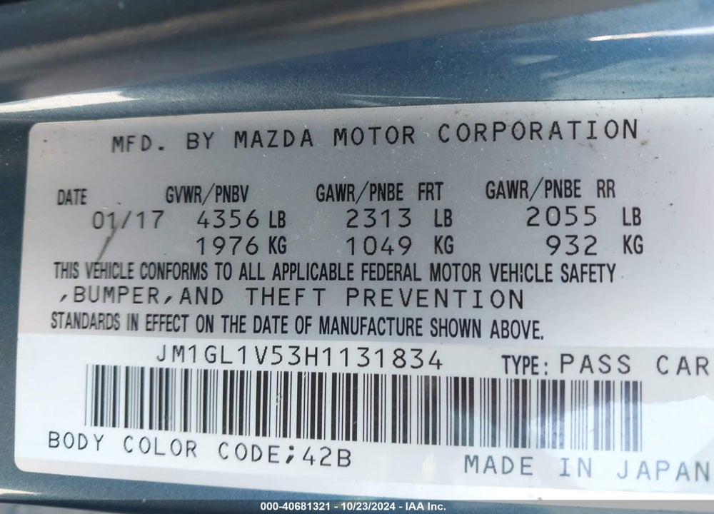 2017 MAZDA 6 TOURING VIN: JM1GL1V53H1131834