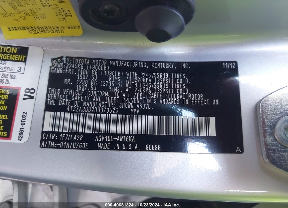 2013 TOYOTA VENZA LE/XLE VIN: 4T3ZA3BB2DU070525