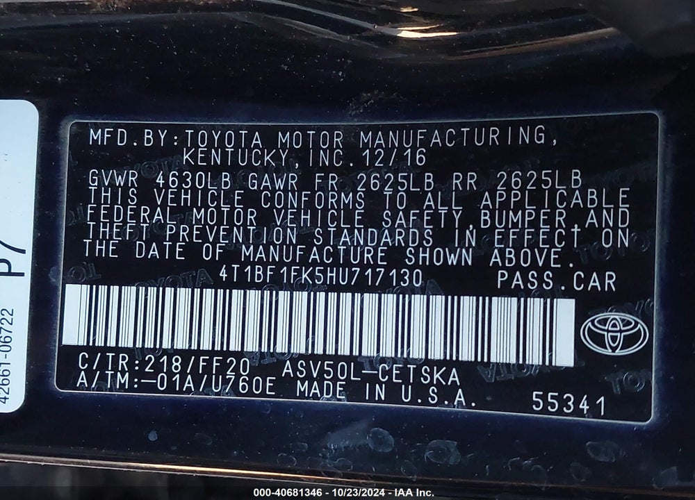 2017 TOYOTA CAMRY SE VIN: 4T1BF1FK5HU717130
