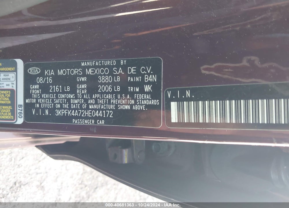 2017 KIA FORTE LX VIN: 3KPFK4A72HE044172