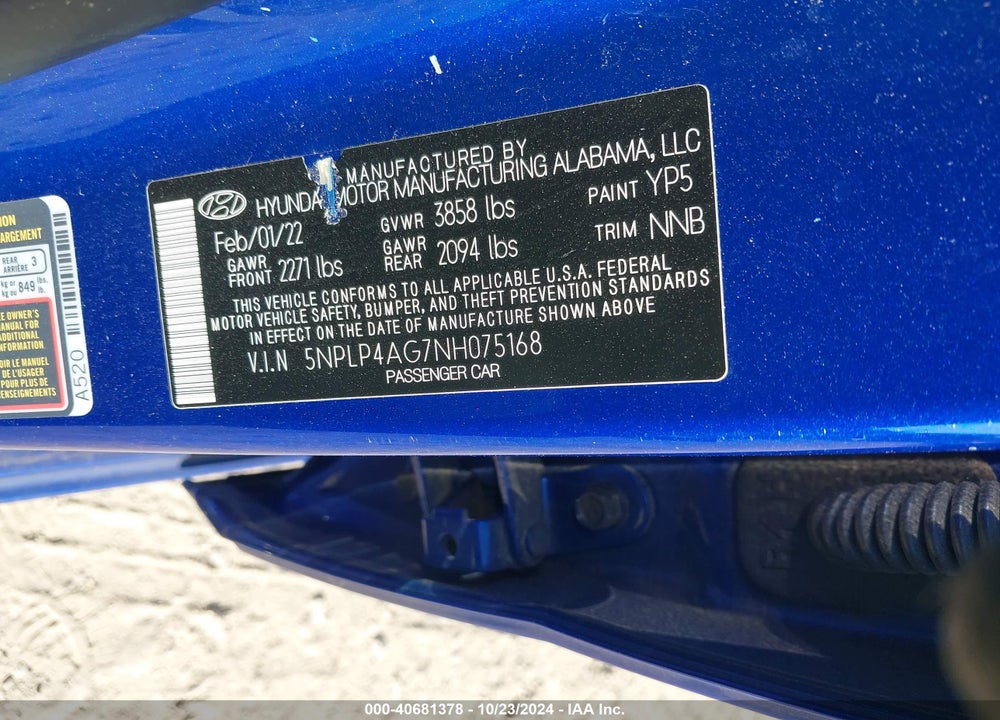 2022 HYUNDAI ELANTRA LIMITED VIN: 5NPLP4AG7NH075168