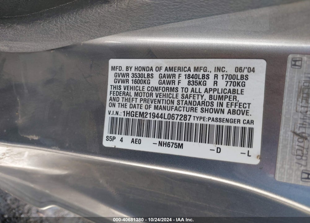 2004 HONDA CIVIC EX VIN: 1HGEM21944L067287