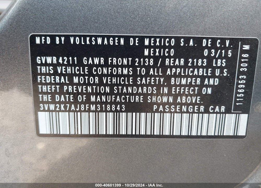 2015 VOLKSWAGEN JETTA 2.0L S VIN: 3VW2K7AJ8FM318843