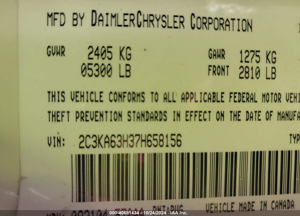 2007 CHRYSLER 300C VIN: 2C3KA63H37H658156