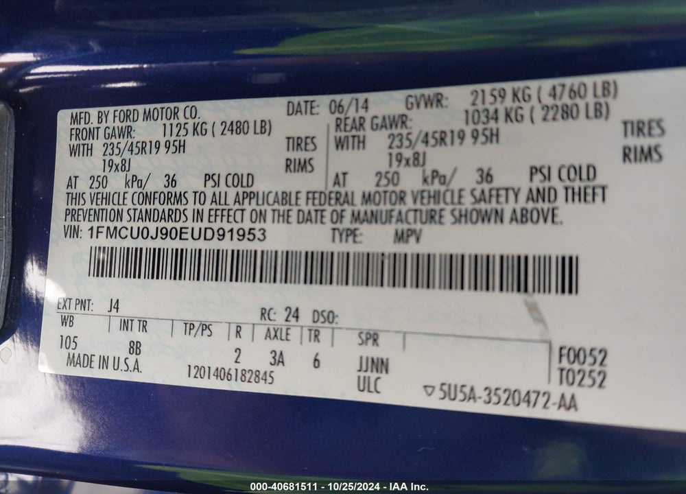 2014 FORD ESCAPE TITANIUM VIN: 1FMCU0J90EUD91953