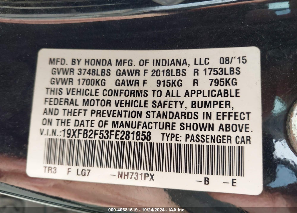 2015 HONDA CIVIC LX VIN: 19XFB2F53FE281858