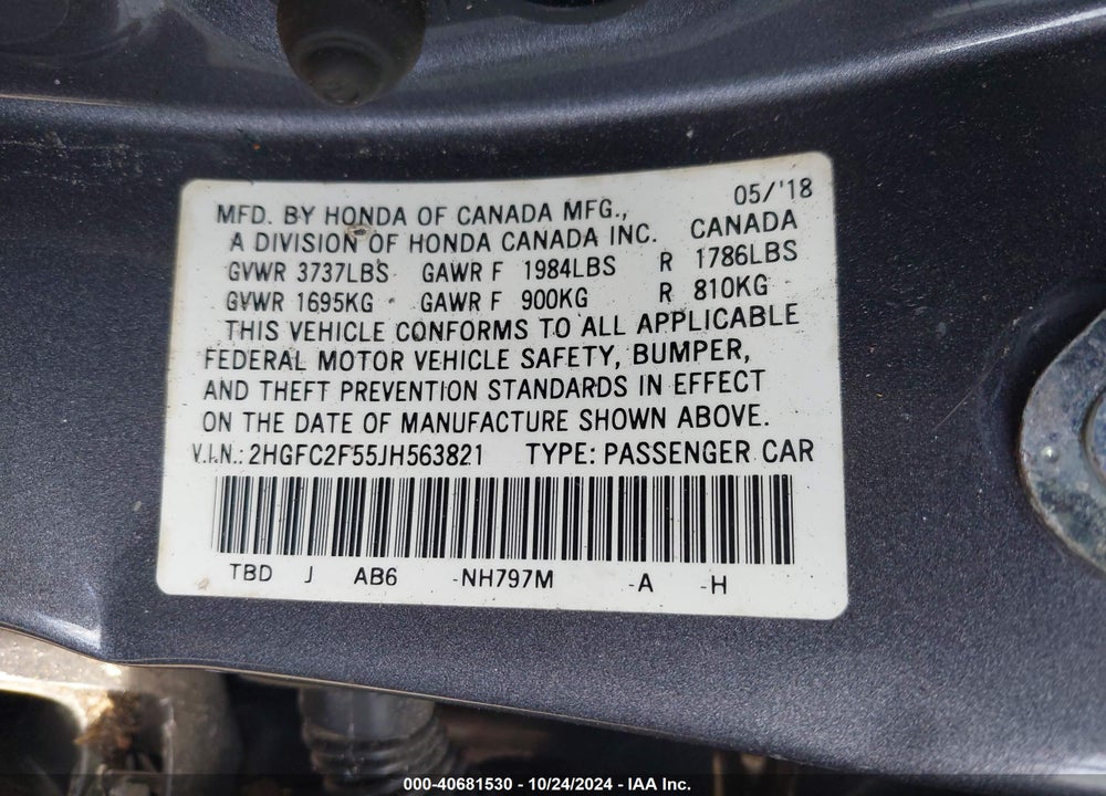 2018 HONDA CIVIC LX VIN: 2HGFC2F55JH563821