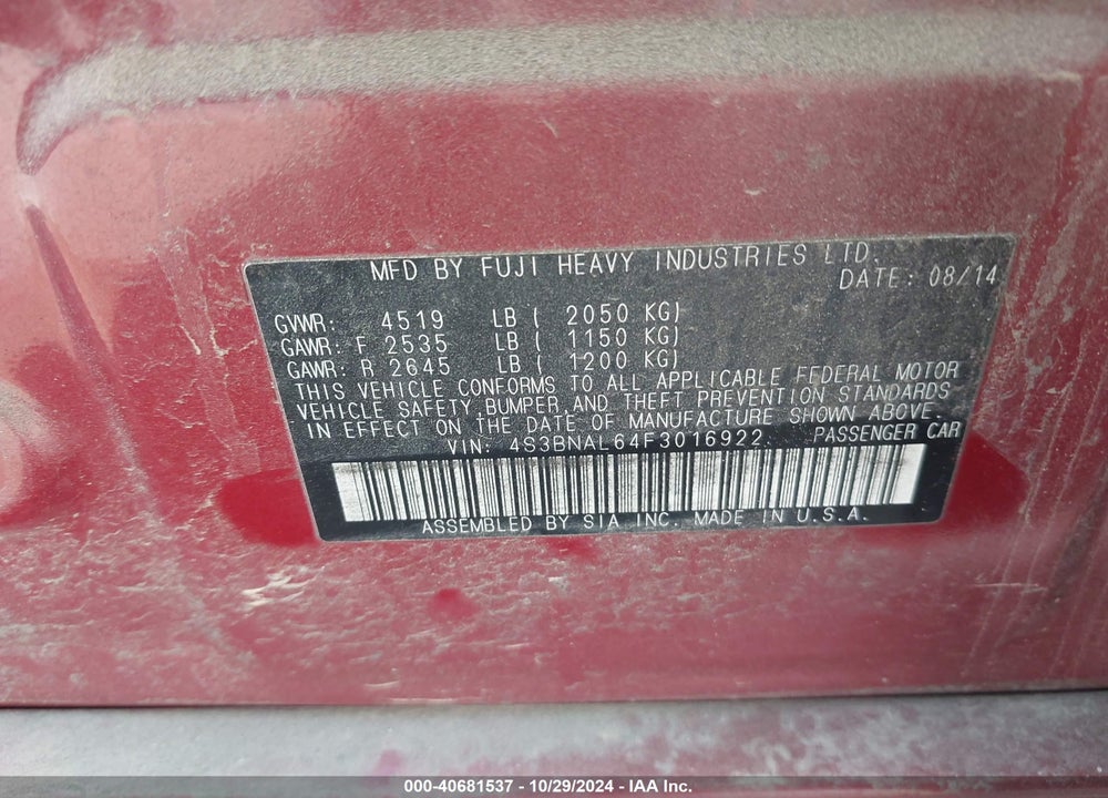 2015 SUBARU LEGACY 2.5I LIMITED VIN: 4S3BNAL64F3016922