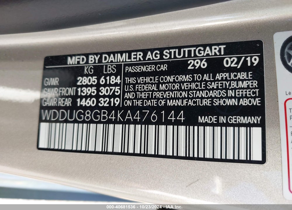 2019 MERCEDES-BENZ S 560 4MATIC VIN: WDDUG8GB4KA476144
