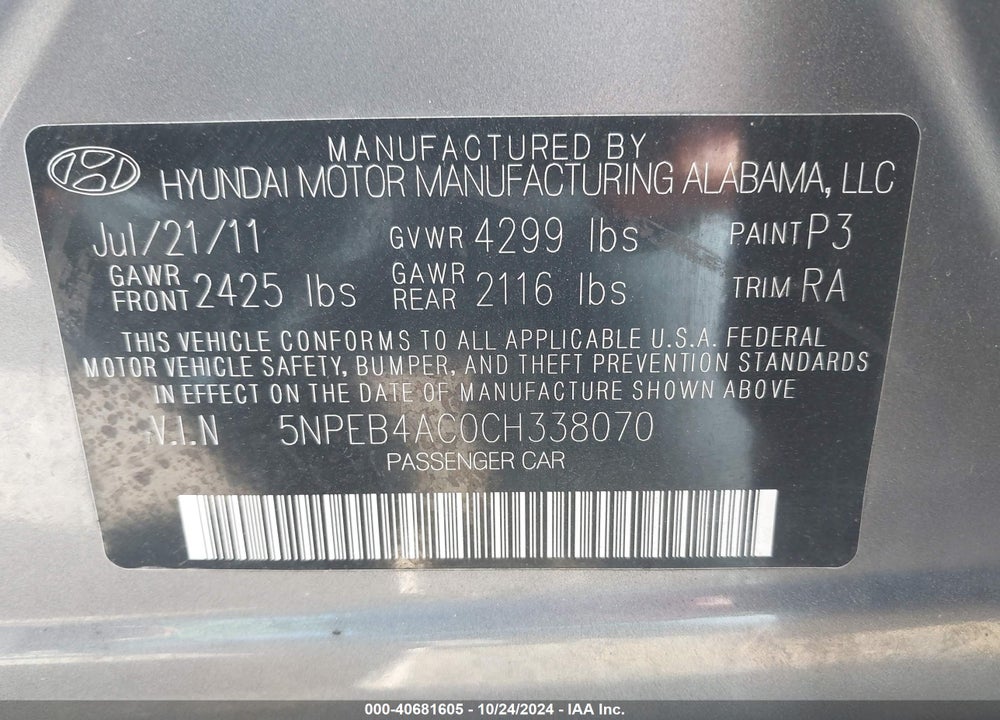 2012 HYUNDAI SONATA GLS VIN: 5NPEB4AC0CH338070