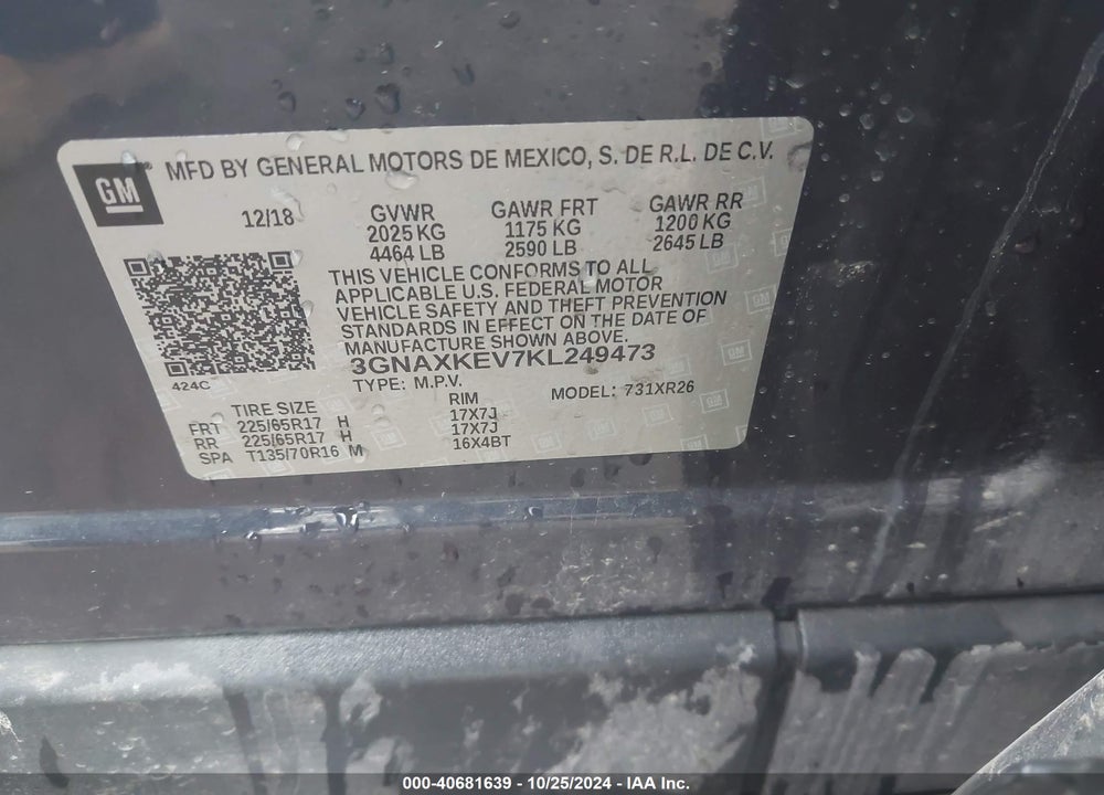 2019 CHEVROLET EQUINOX LT VIN: 3GNAXKEV7KL249473