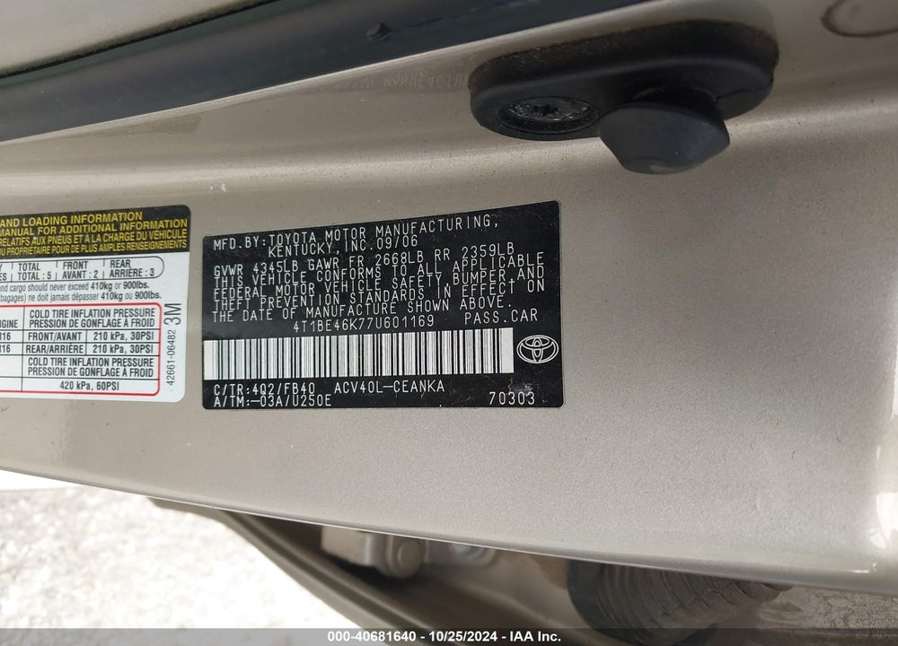 2007 TOYOTA CAMRY LE VIN: 4T1BE46K77U601169