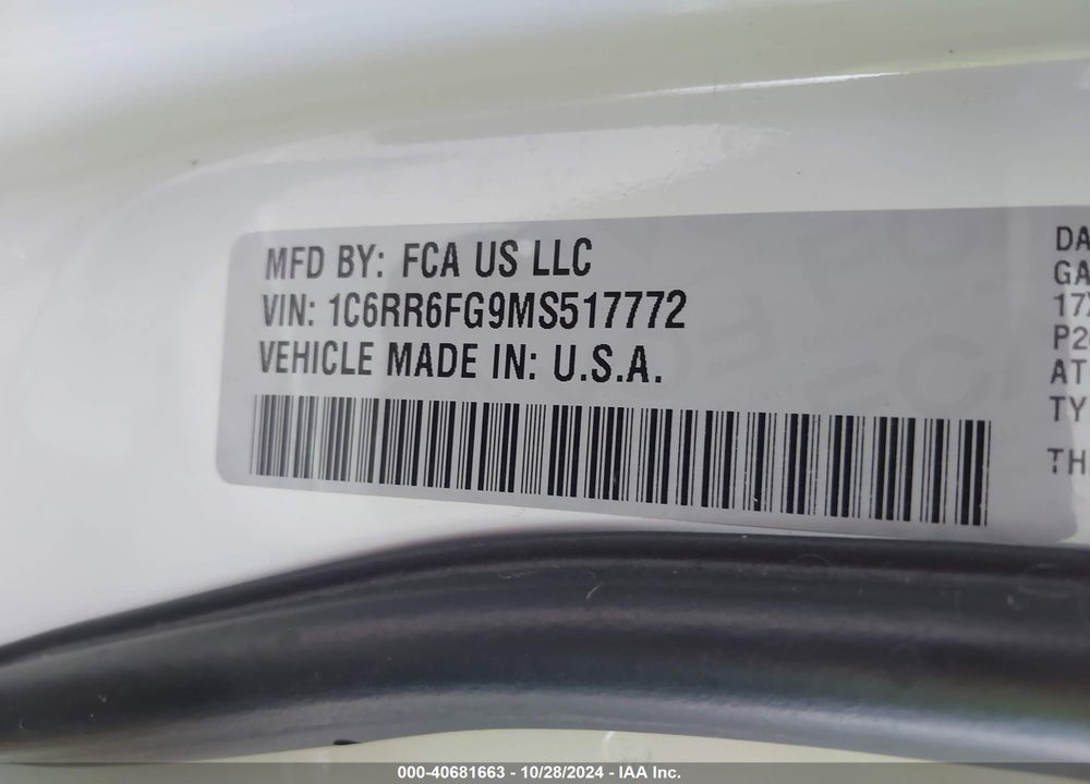 2021 RAM 1500 CLASSIC TRADESMAN 4X2 6'4 BOX VIN: 1C6RR6FG9MS517772