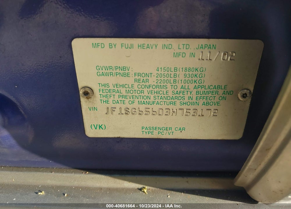 2003 SUBARU FORESTER XS VIN: JF1SG65603H753172