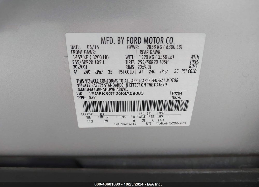 2016 FORD EXPLORER SPORT VIN: 1FM5K8GT2GGA09083