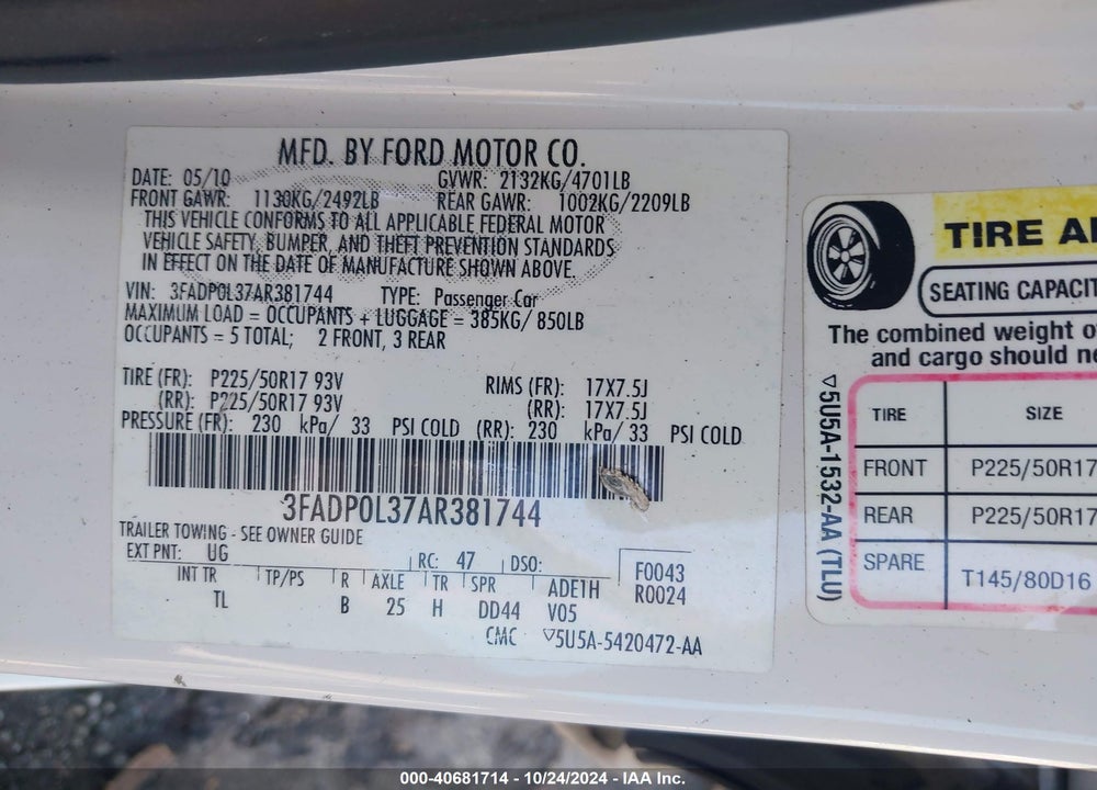 2010 FORD FUSION HYBRID VIN: 3FADP0L37AR381744