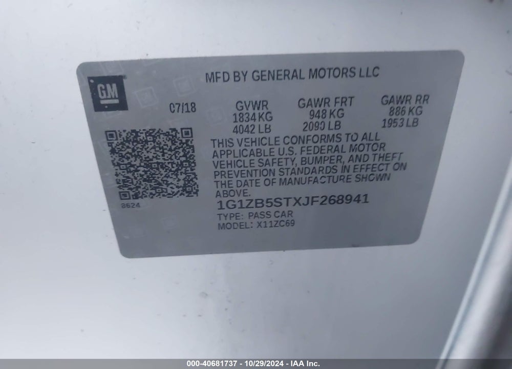 2018 CHEVROLET MALIBU 1LS VIN: 1G1ZB5STXJF268941