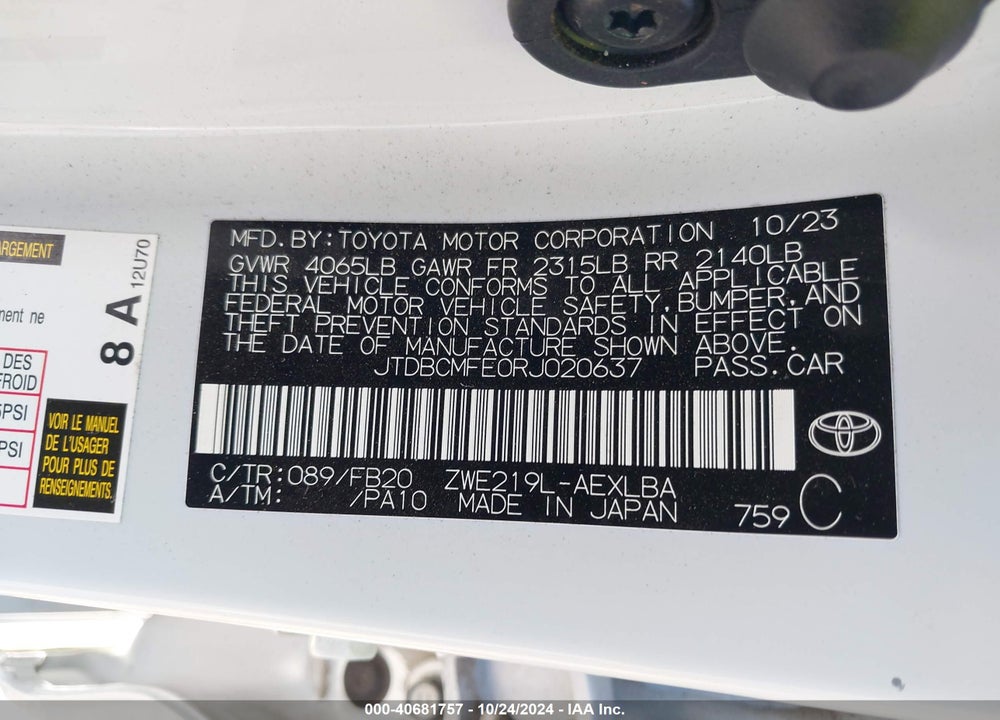 2024 TOYOTA COROLLA HYBRID LE VIN: JTDBCMFE0RJ020637