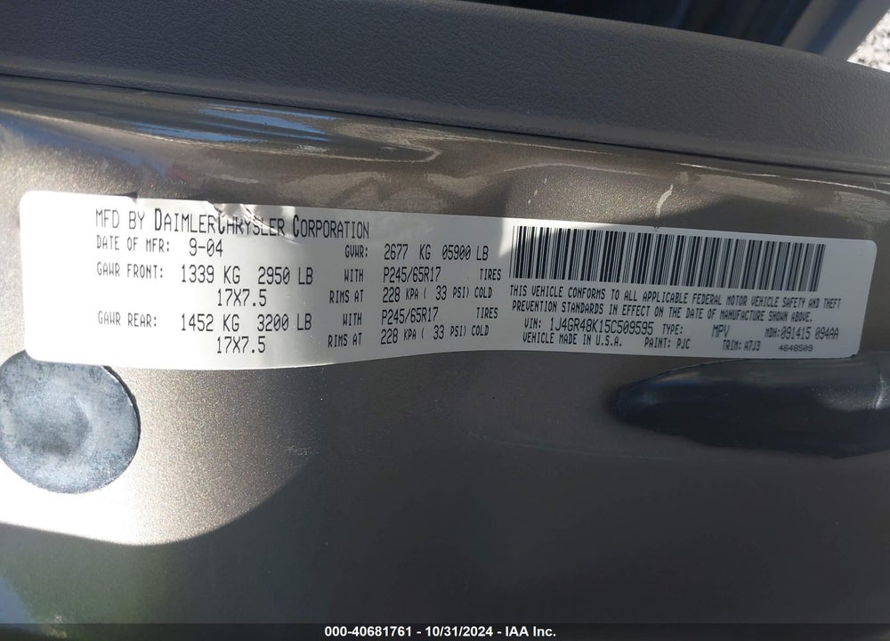 2005 JEEP GRAND CHEROKEE LAREDO VIN: 1J4GR48K15C509595